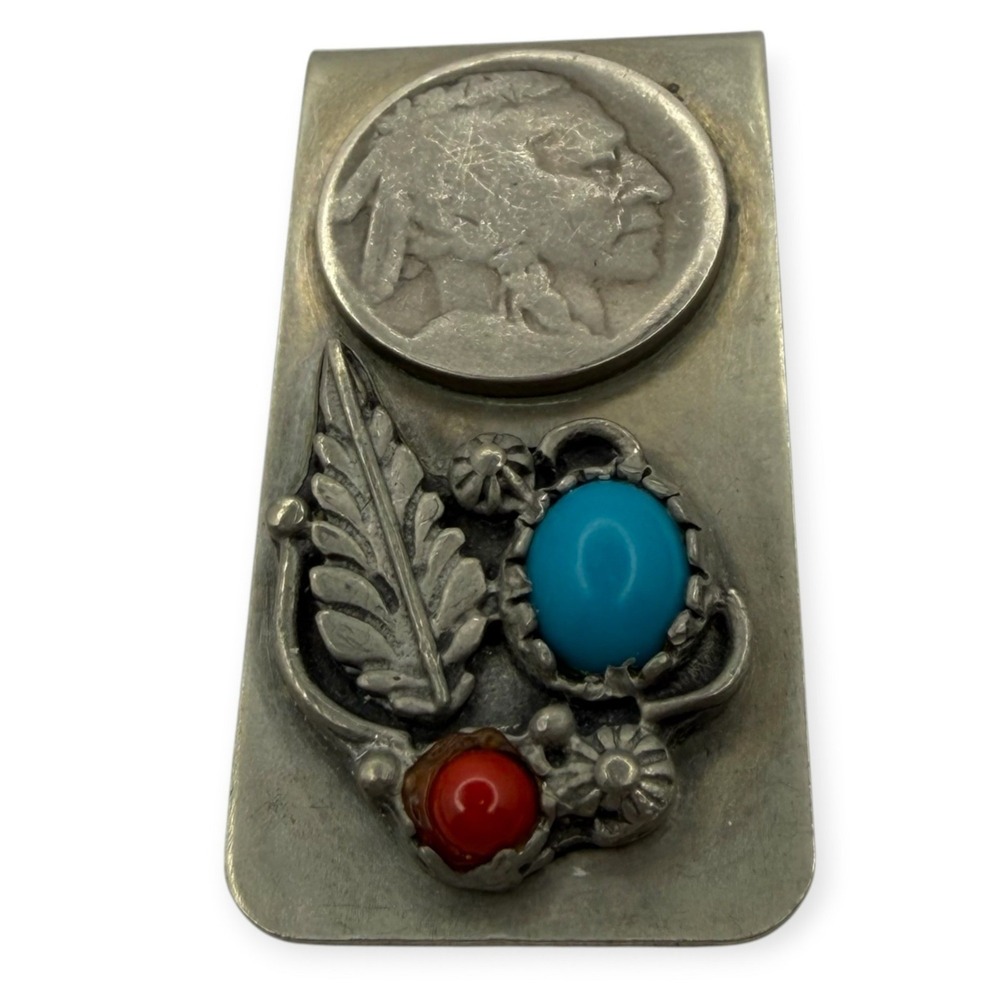 Vintage Money Clip Silver Tone Buffalo Nickel Turquoise Coral Leaf